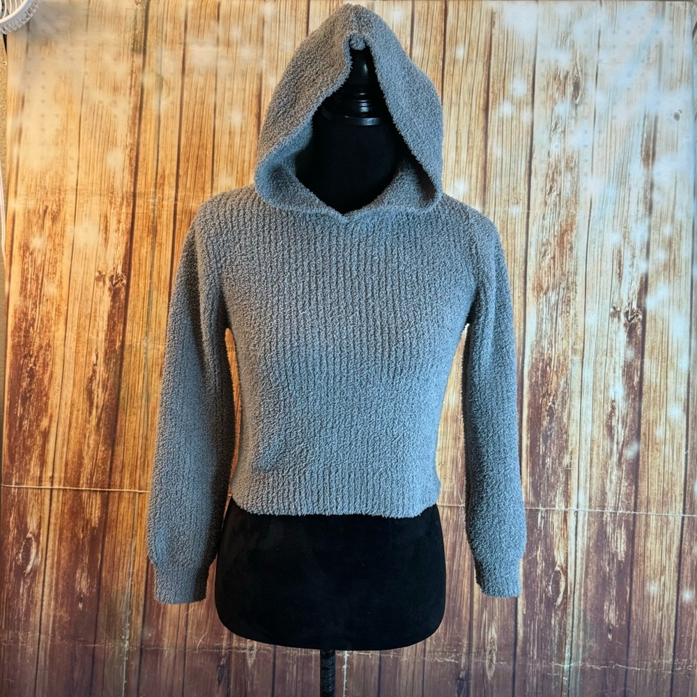 Women’s Gray Hooded Cropped Sweater Textured Knit 100% Recycled Polyester Small